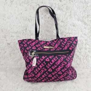 NWT Victoria's Secret Black Fuchsia Logo All Over Satin Bag NWT
